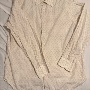 Perry Ellis Cream Button-Up Shirt with Subtle Brown Geometric Print